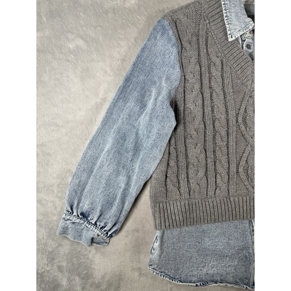 Altar'd State Layered Sweater Denim Shirt Women's Medium Cable Knit 2 Fer Top - Picture 2 of 10